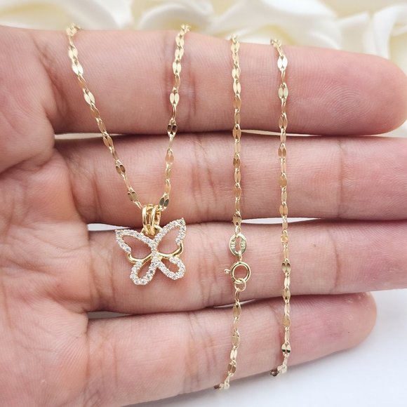 Solid 14k Gold Butterfly Charm Necklace - 18 Inches - Curved Mirror - Picture 3 of 5